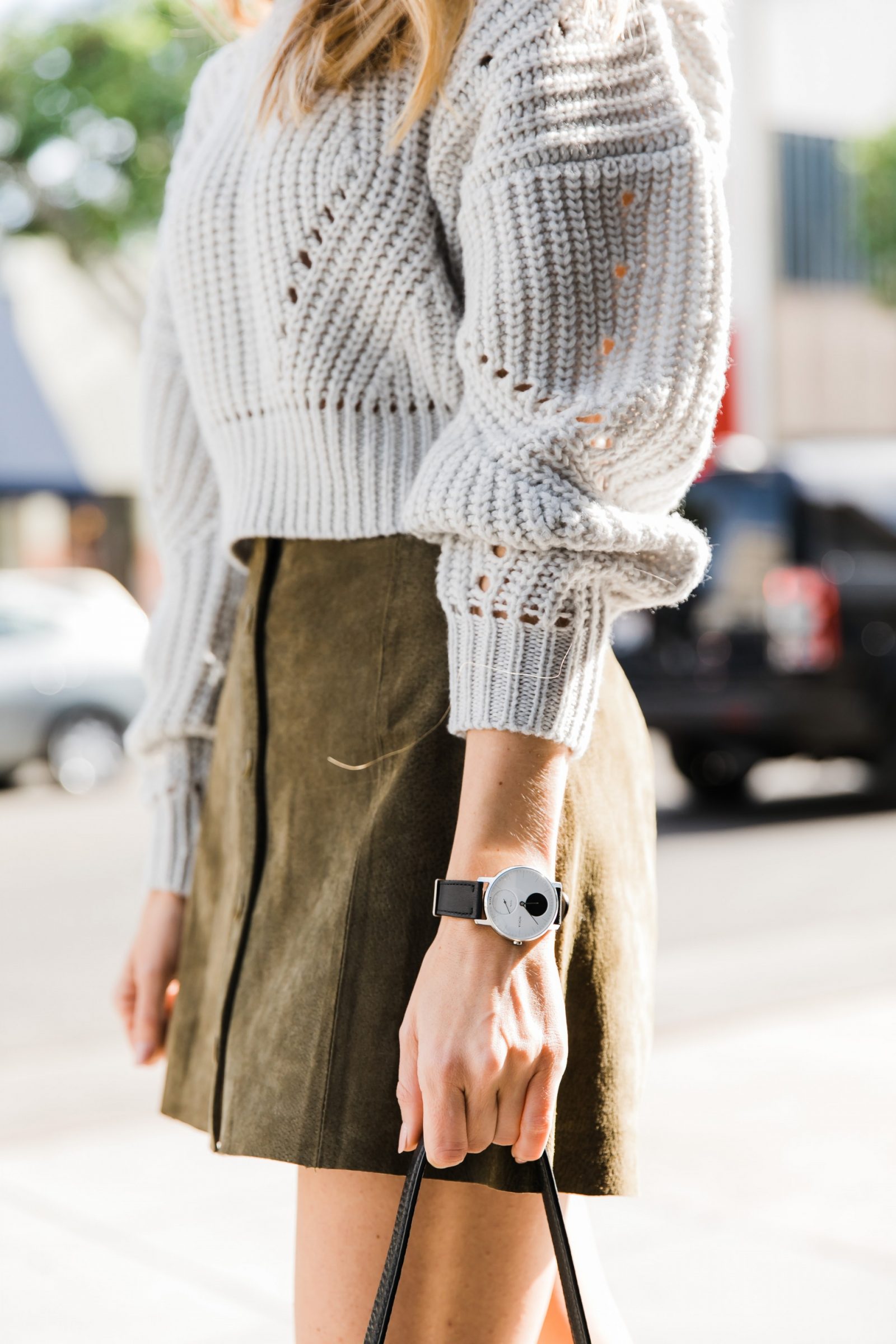 Gray Chunky Knit Sweater Olive Suede Skirt shikshin