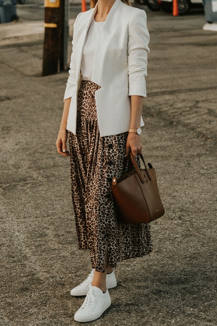 white blazer leopard skirt 